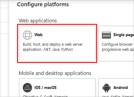 Screenshot of the Platform configurations window with the Web application platform highlighted.