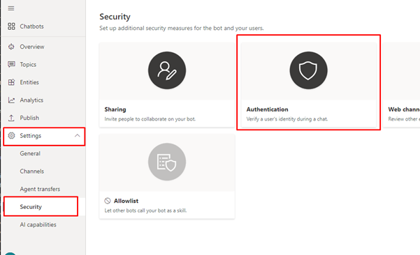 Screenshot of the Copilot Studio Security page with Settings, Security, and Authentication highlighted.