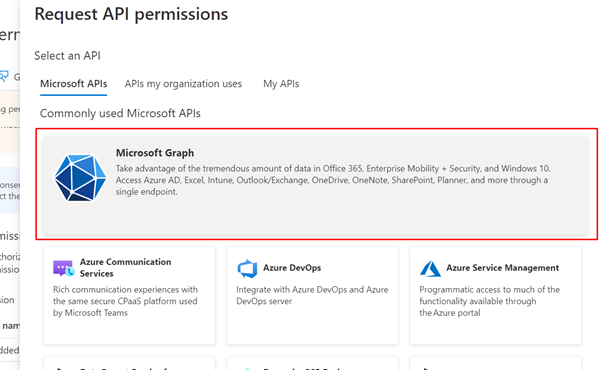 Screenshot of the Request API permissions window with Microsoft Graph highlighted.