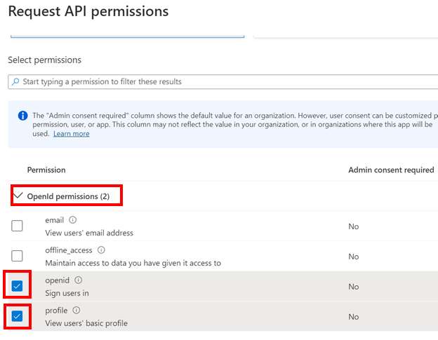 Screenshot with OpenId permissions, openid, and profile highlighted.