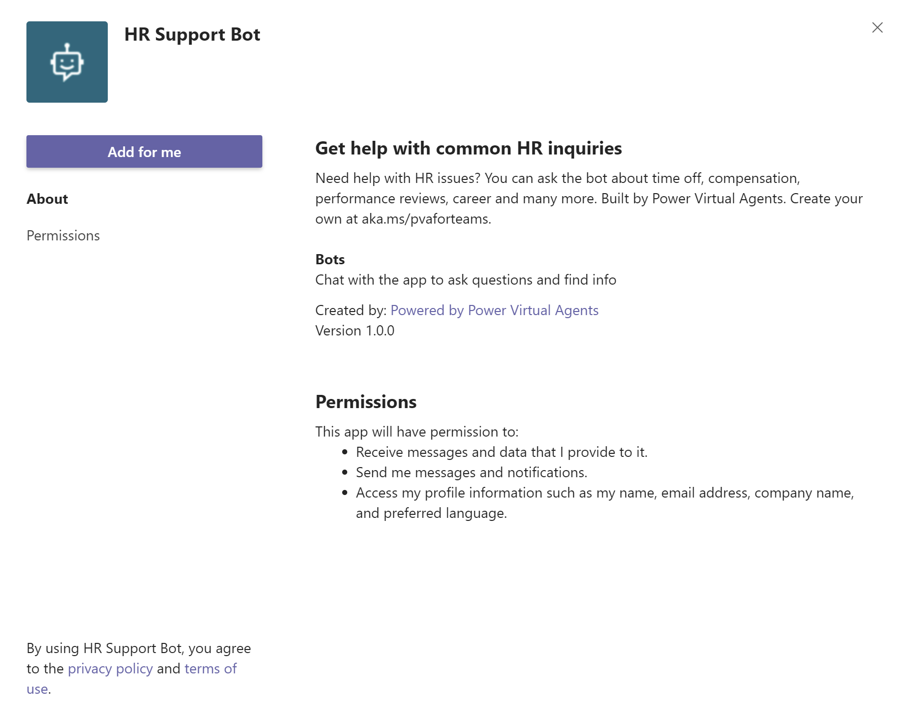 Teams opens the HR Support Bot with an option to Add for me so the user can start talking with it.