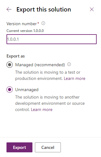 Option to select to export an unmanaged solution.