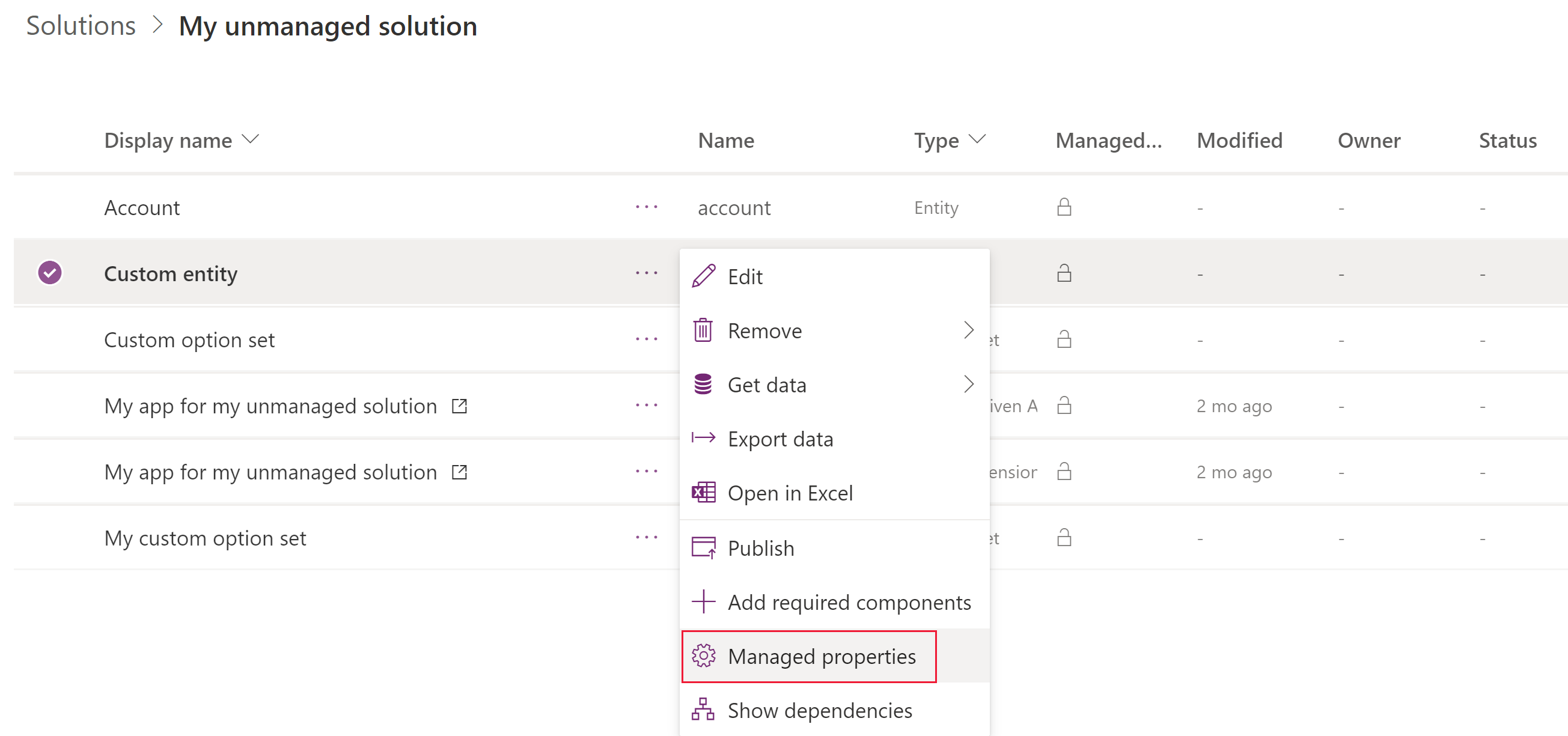 Table managed properties command Table managed properties command.