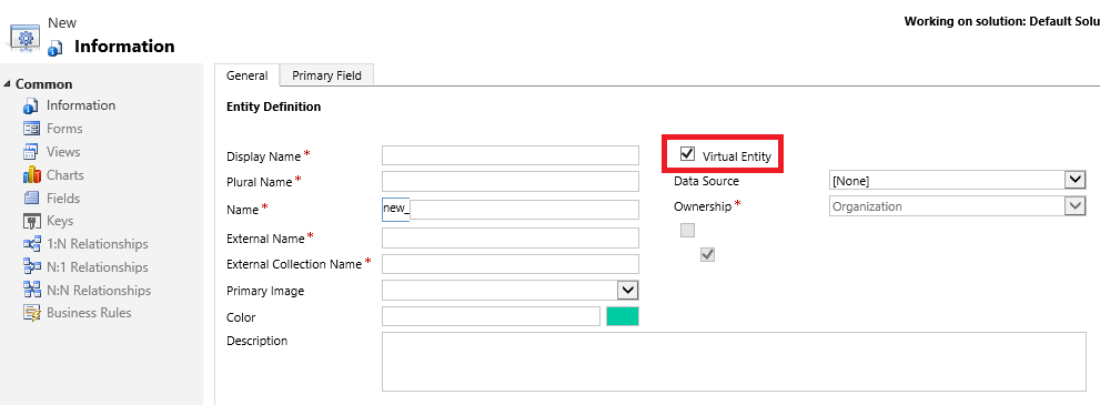 Virtual table option on table definition.