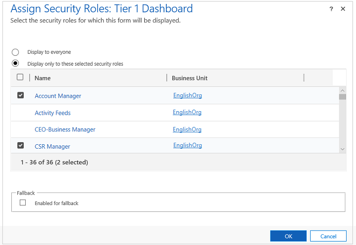 Select display only these selected security roles.