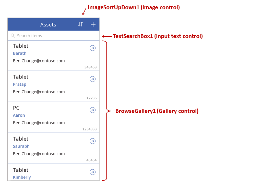 Sorting and searching controls on browse screen.