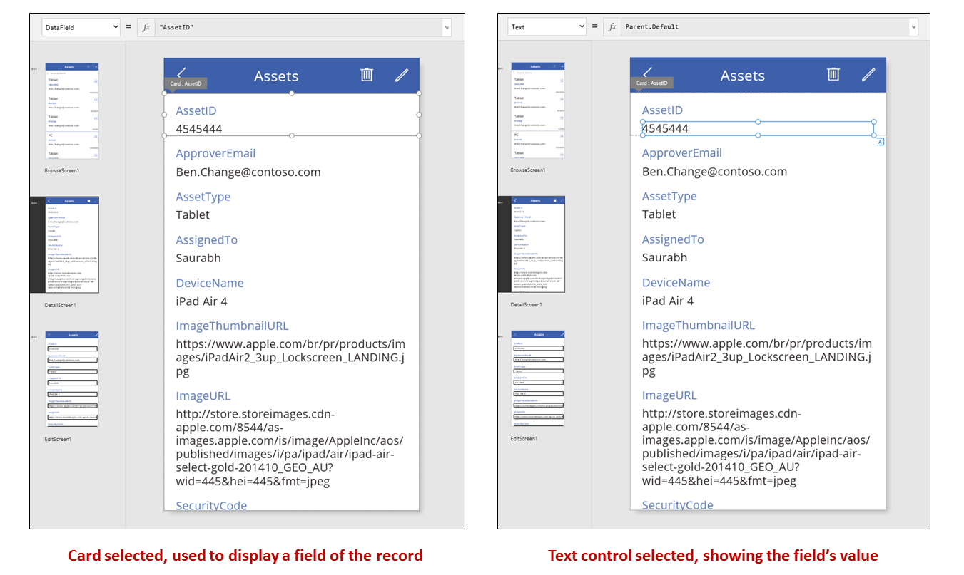 Detail card and card controls selected in the authoring experience.