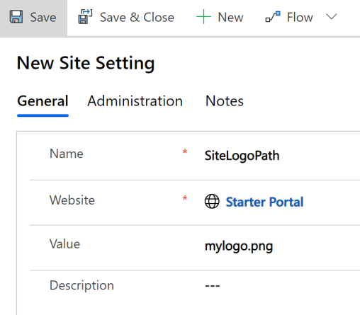 Create new site settings record.