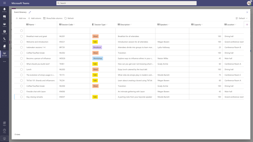 Dataverse for Teams table in Teams.