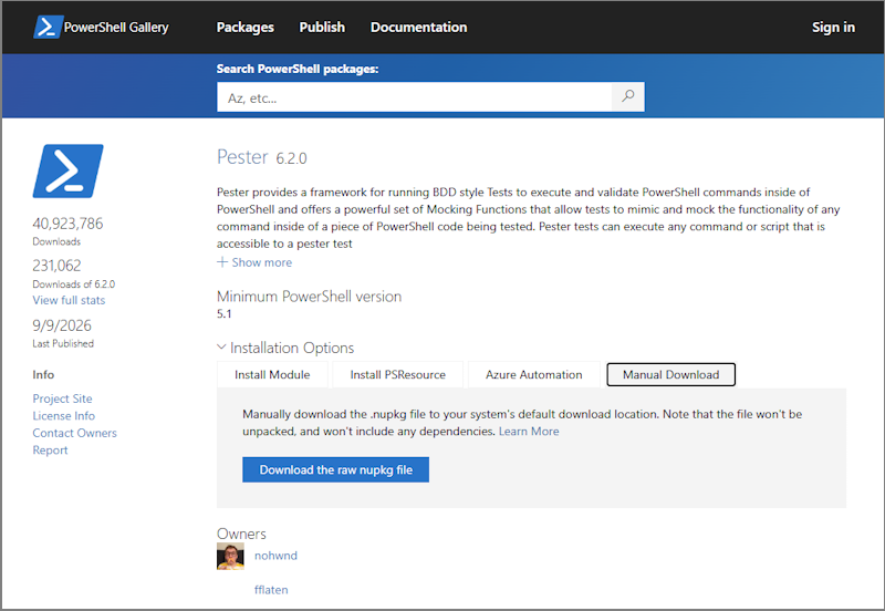 Screenshot of the package details page with install options.