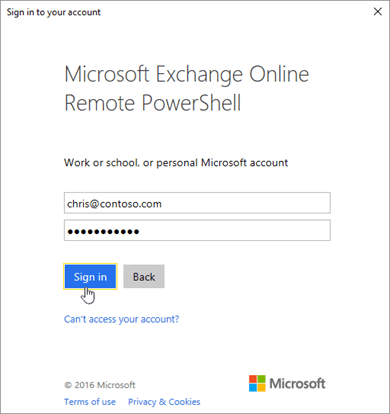 Enter your password in the Exchange Online Remote PowerShell window.
