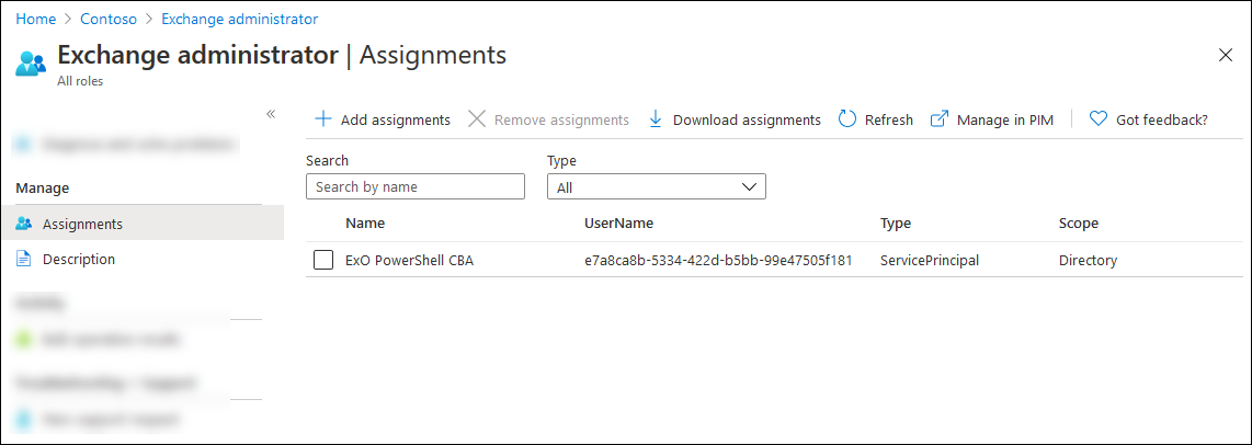 The role assignments page after to added the app to the role for Exchange Online PowerShell.