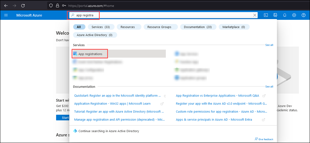 Screenshot that shows App registrations in the Search results on the home page of the Azure portal.