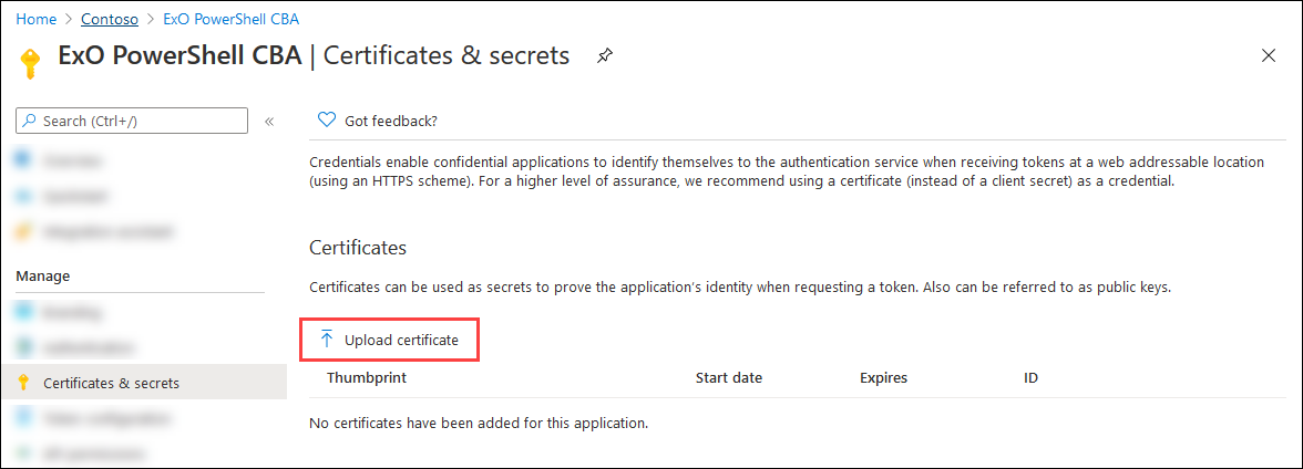Select Upload certificate on the Certificates & secrets page.