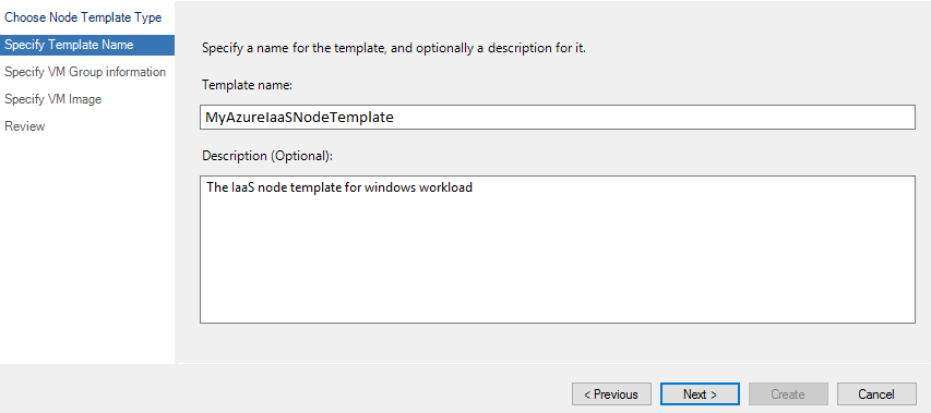 Screenshot shows the Specify Template Name page with a template name entered.