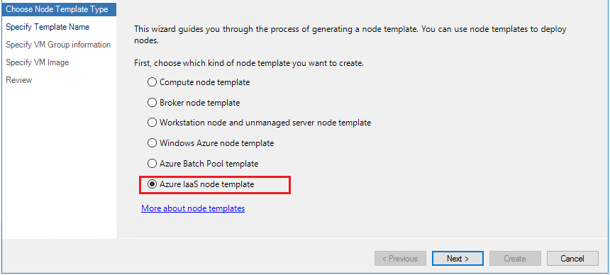 Screenshot shows Choose Node Template Type with Azure I a a S node template selected.