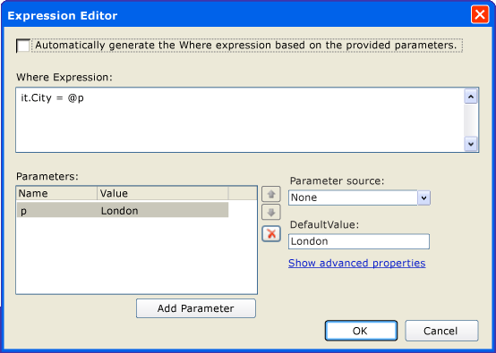 EntityDataSource expression editor, Where clause
