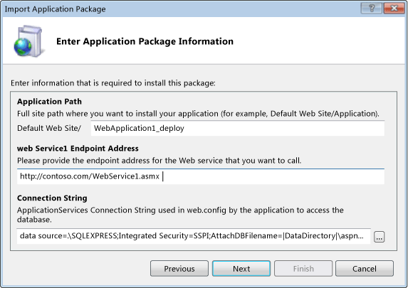 IIS Manager Package Information dialog box