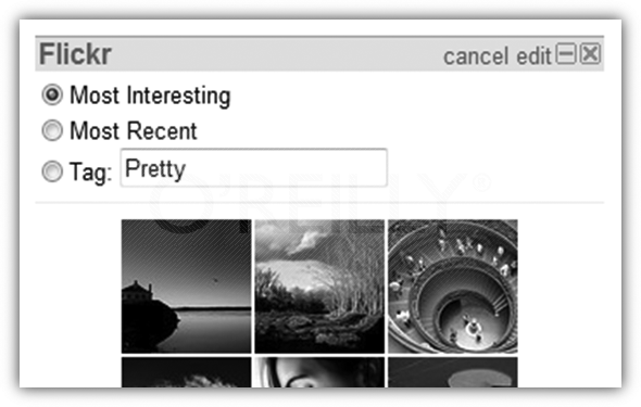 Settings contain options to customize a widget, such as different types of photo streams from Flickr