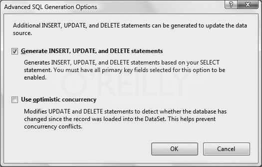 You'll use the Advanced SQL Options dialog box to automatically create the SQL statements to add, edit, and delete data from your data source.