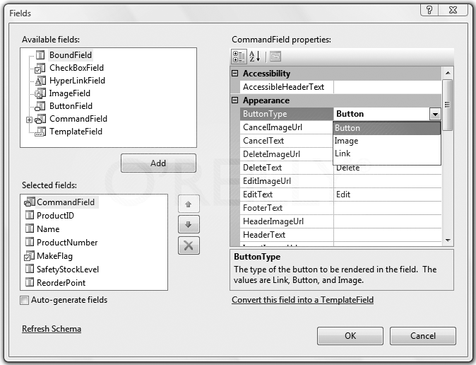 Click the Smart Tag of the GridView, then click Edit Columns to get this Fields dialog box, where you can select and edit the columns in the GridView. Here, the CommandField button type is being changed.