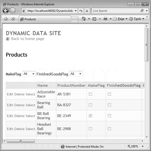 The dynamically generated page for the Products table showing command links in the first column to Edit, Delete, or Select a row, and filter drop-downs for all the Boolean fields.