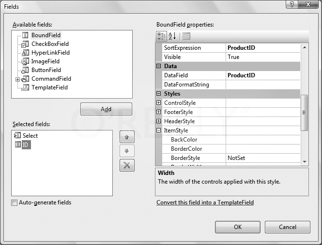 Specify the ProductID bound field in the Fields dialog box.