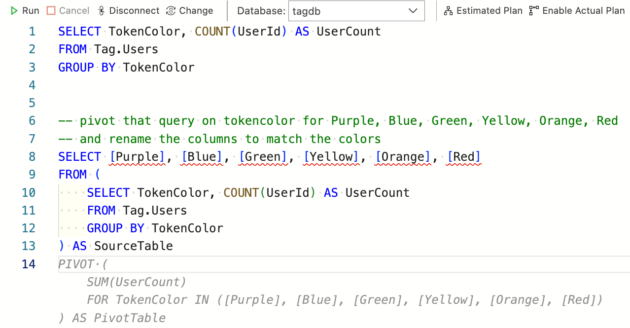 Screenshot showing Copilot prompting the completion of a PIVOT query.