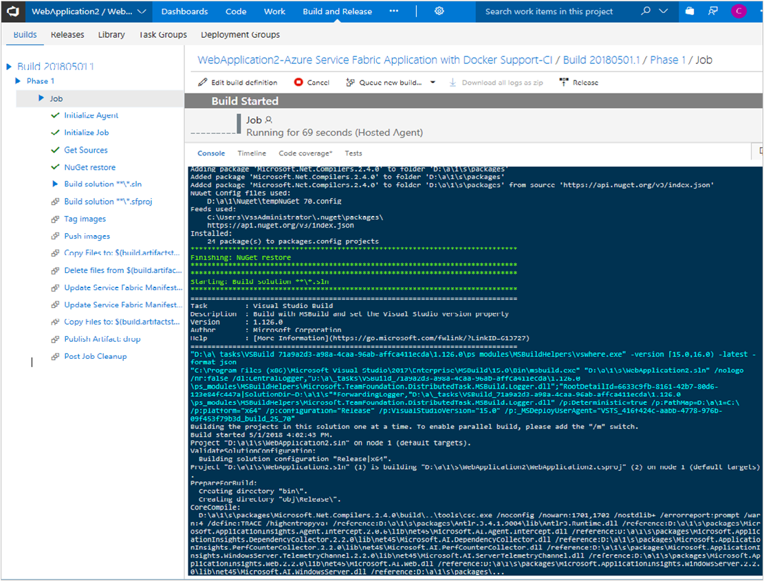 Example screenshot of a build starting the full DevOps process on an Azure-provided hosted build agent.