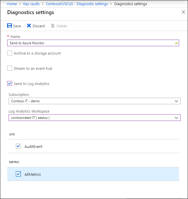 Screenshot of the page for configuring Diagnostics settings. The options for Send to Log Analytics, AuditEvent log, and AllMetrics are selected.