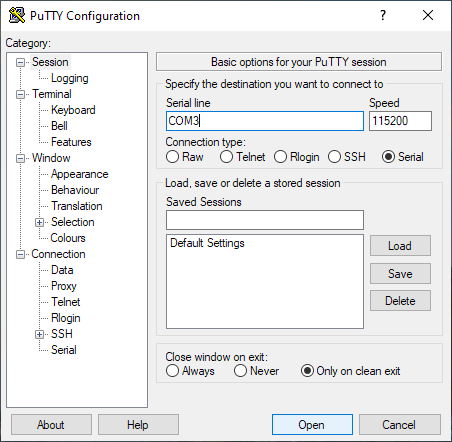 PuTTY session window with serial parameters selected.