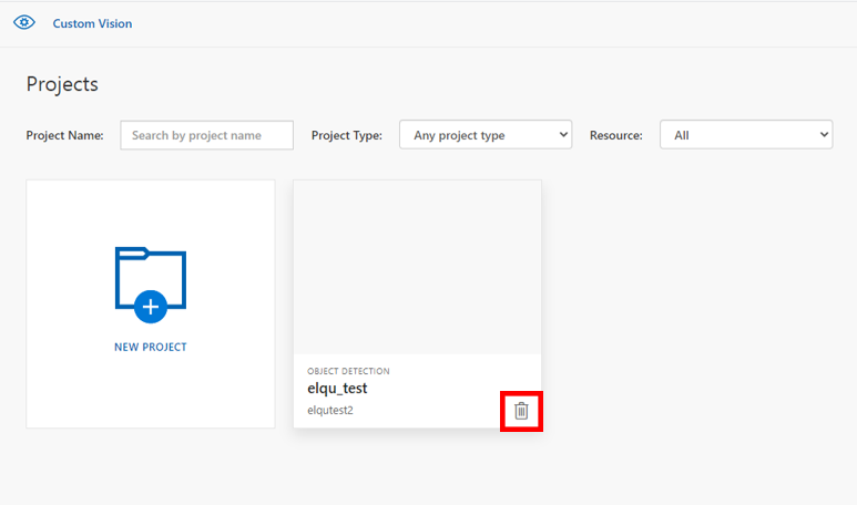 Screenshot that shows the Projects page in Custom Vision with the delete icon highlighted.