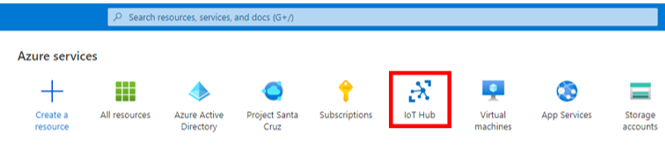 Screenshot that shows the Azure portal home page with the Iot Hub icon highlighted.