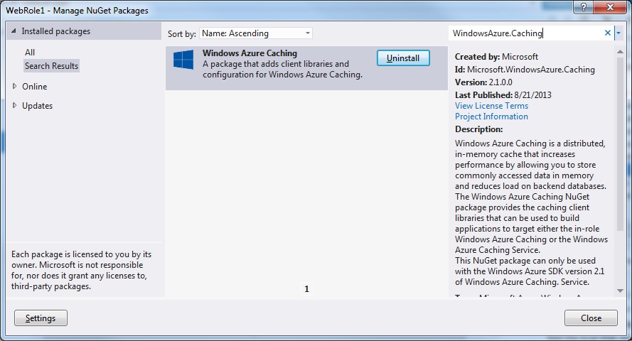 Uninstall In-Role Cache NuGet Package