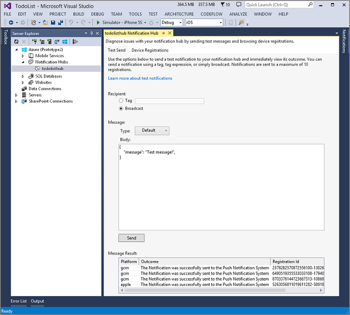 Visual Studio Notification Hubs test send