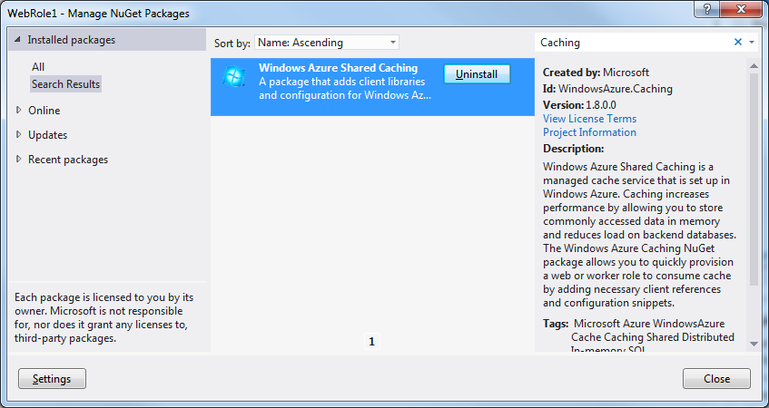 Uninstall Shared Caching NuGet Package