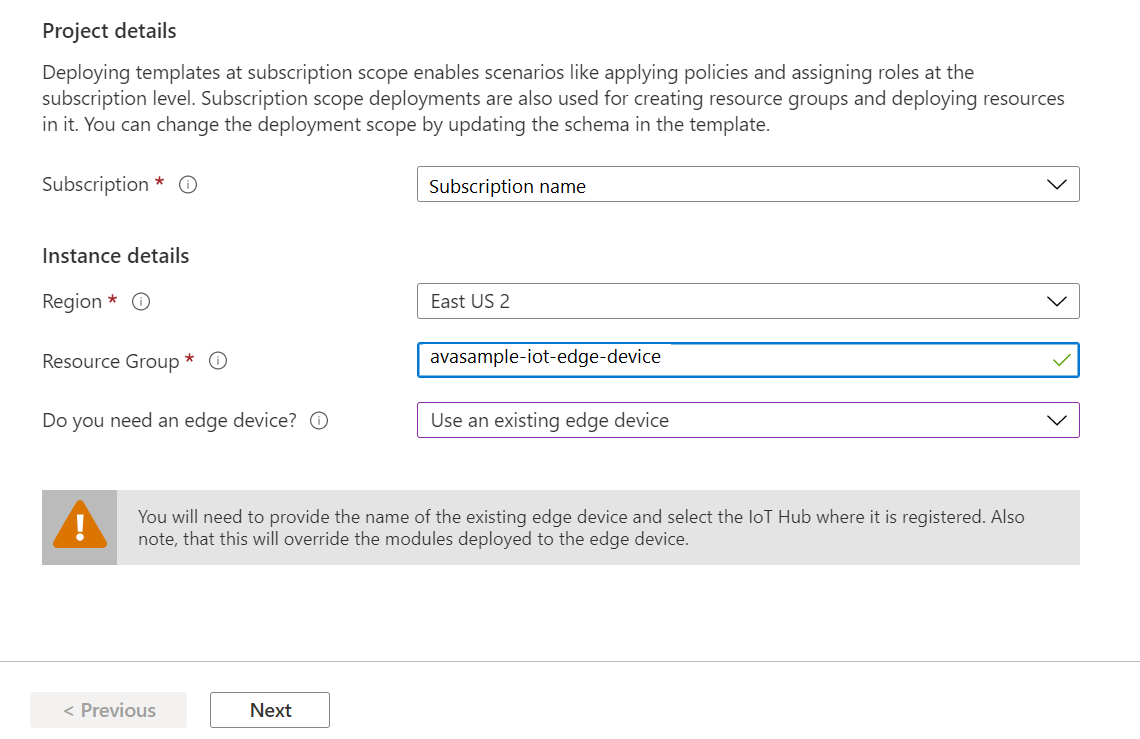 Screenshot of initial deployment form