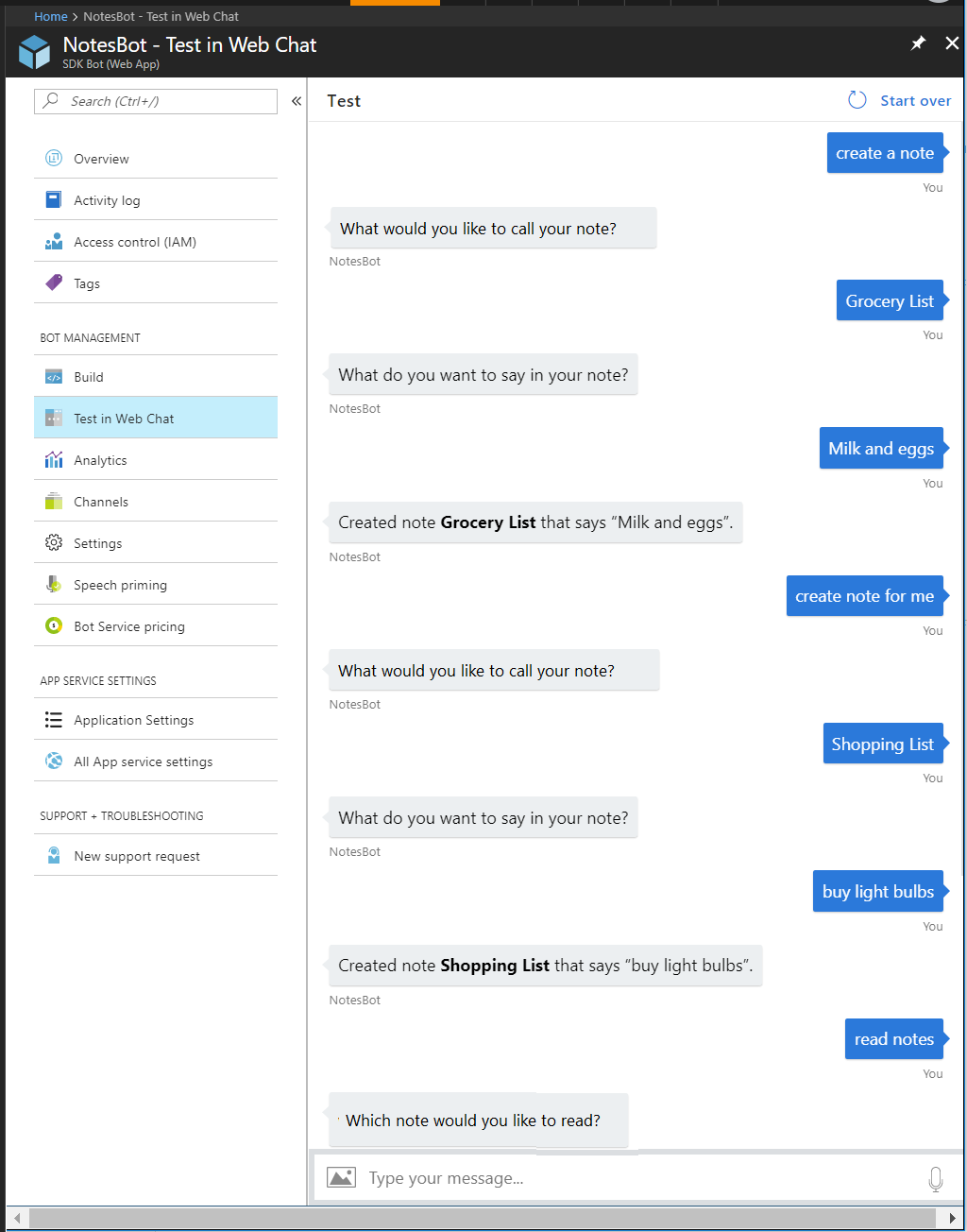 Test notes bot in Web Chat