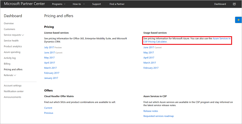 Azure Services in CSP Pricing Calculator link