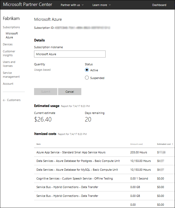 Screenshot of usage information in Partner Center for a particular customer
