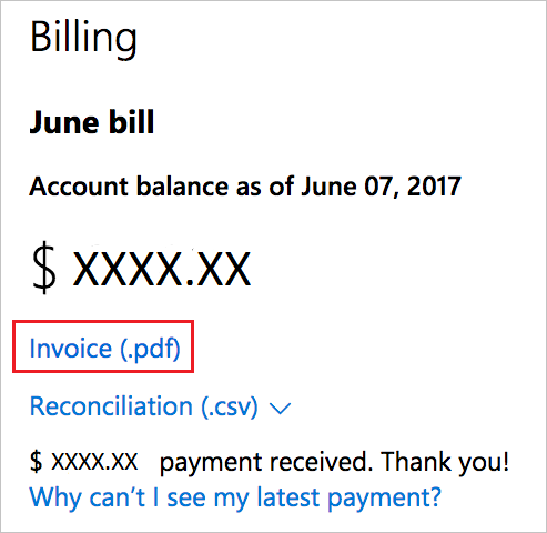 Screenshot of billing information, with Invoice option highlighted