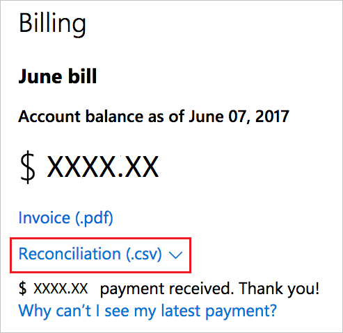 Screenshot of billing information, with Reconciliation option highlighted