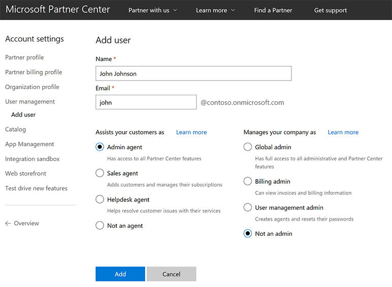 Screenshot of Partner Center user management account settings