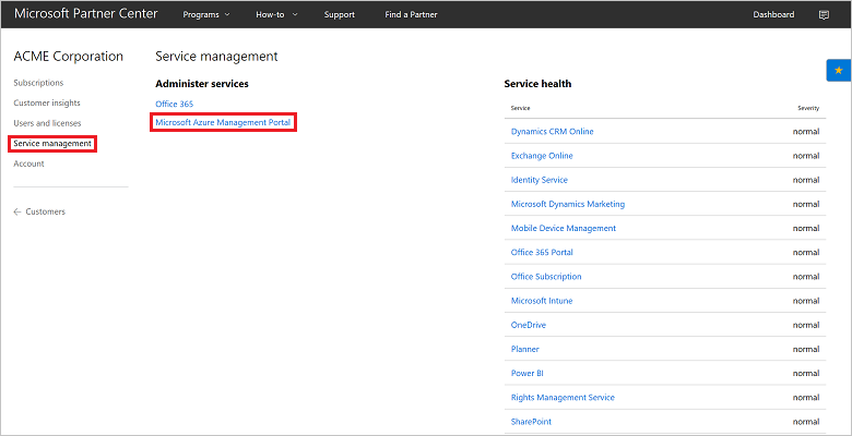 Screenshot of Partner Center, with Service management and Microsoft Azure Management Portal highlighted
