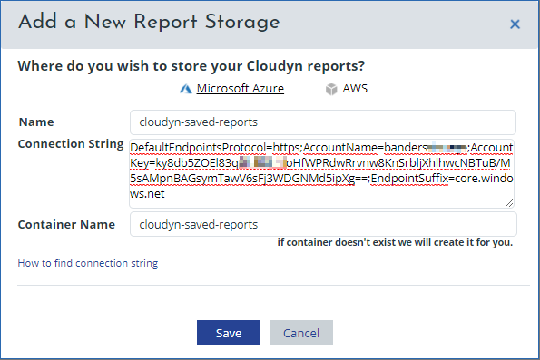 Paste Azure storage account name and connection string in the Add a new report storage box