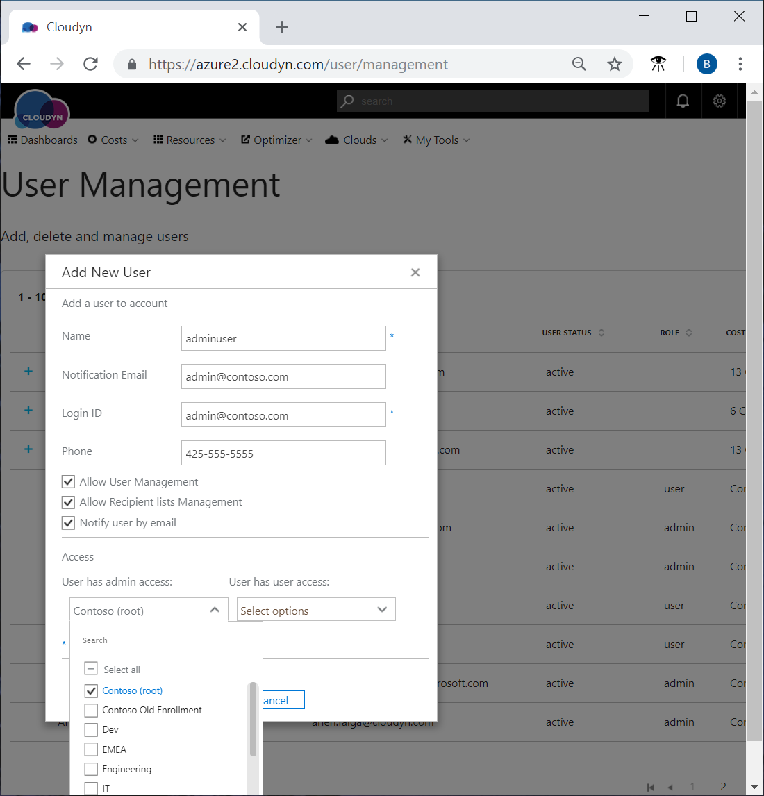 Example showing admin access in the Add new user box