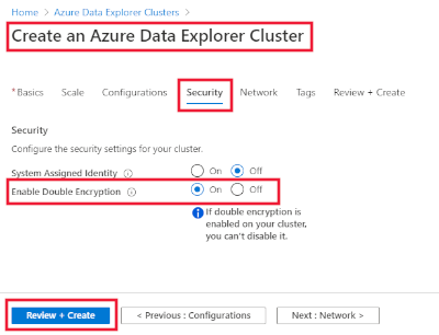 Screenshot of security tab, showing double encryption being enabled on a new cluster.