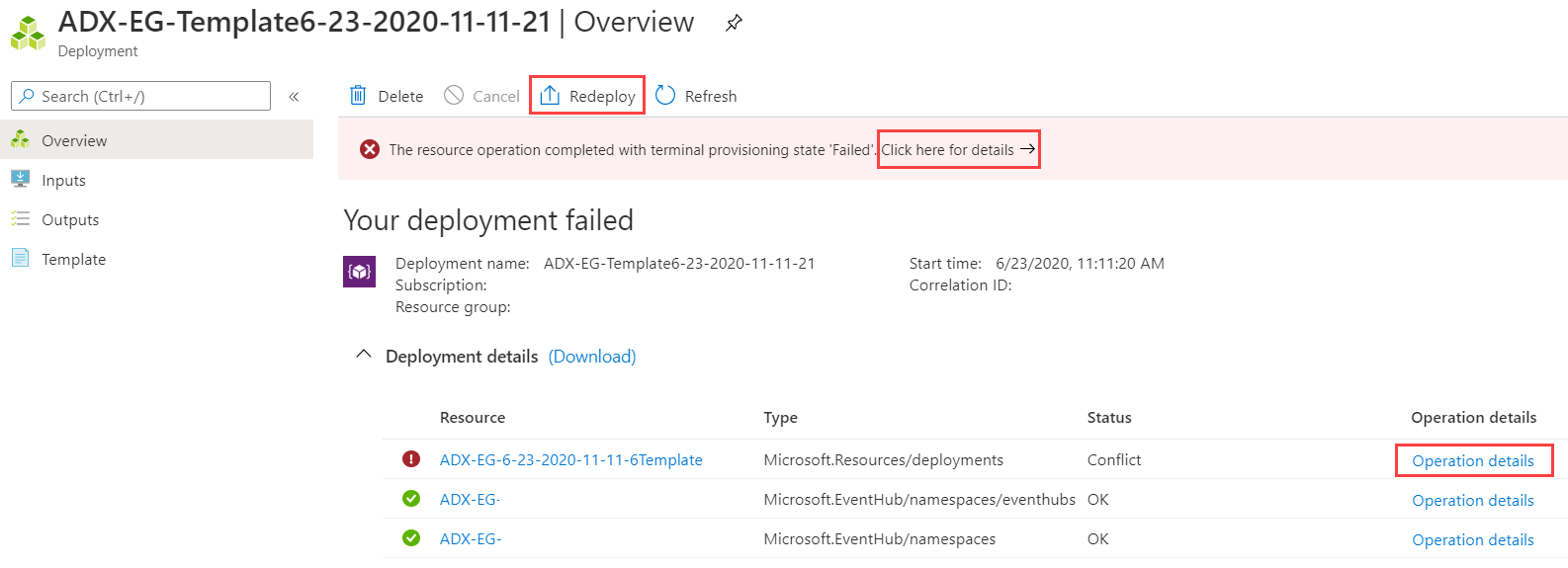 Screenshot of Deploy Event Grid overview page, showing a failed deployment.