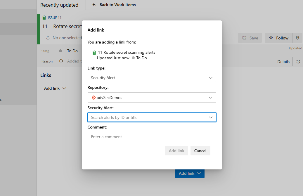 Screenshot of work item selection with security alert link type.