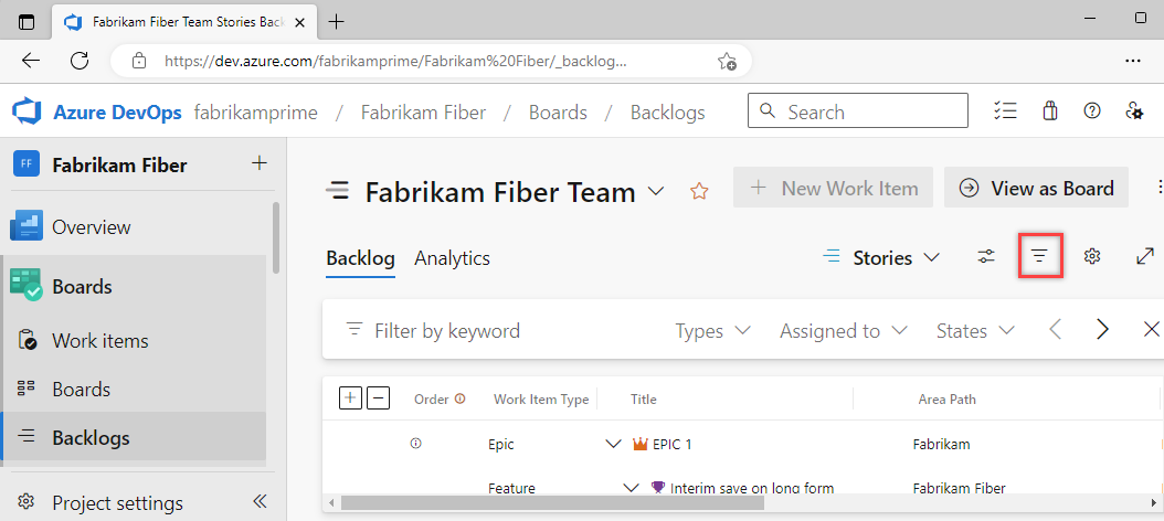 Screenshot showing Backlogs and highlighted filter icon.